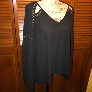 Black Bell Sleeve Blouse w/ Bronze details